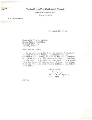 [Letter from A. H. Logan to Truett Latimer, February 17, 1961]
