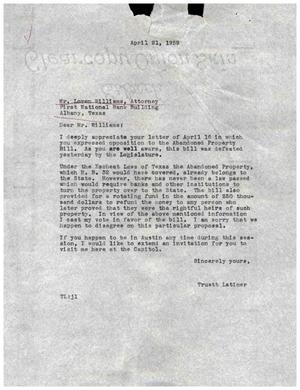 [Letter from Truett Latimer to Loren Williams, April 21, 1959]