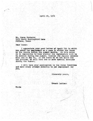 [Letter from Truett Latimer to Duane Gustavus, April 30, 1961]