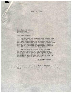[Letter from Truett Latimer to Mrs. Kenneth LaRowe, April 7, 1959]