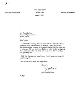 [Letter from John A. Matthews to Truett Latimer, May 8, 1961]
