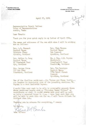 [Letter from Gene McCombs to Truett Latimer, April 27, 1961]