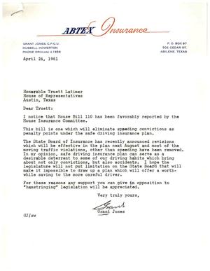 [Letter from Grant Jones to Truett Latimer, April 24. 1961]