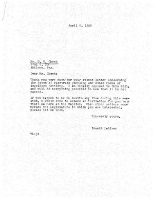 [Letter from Truett Latimer to D. M. Cheek, April 8, 1959]