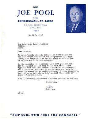 [Letter from Joe Pool to Truett Latimer, April 9, 1962]