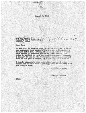 [Letter from Truett Latimer to Tom Vaughn, August 7, 1959]