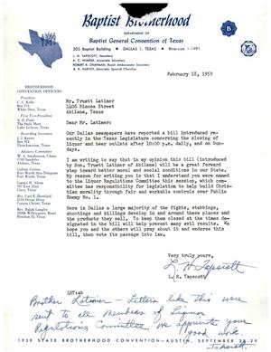 [Letter from L. H. Tapscott to Truett Latimer, February 18, 1959]