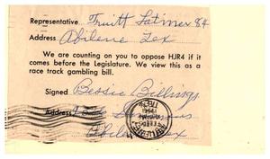 [Postcard from Bessie Billings to Truett Latimer, February 24, 1961]
