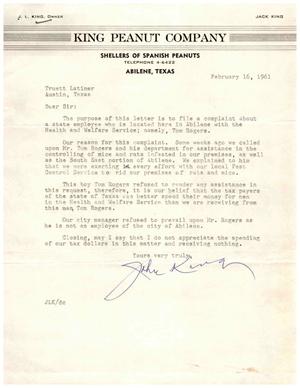 [Letter from J. L. King to Truett Latimer, February 16, 1961]