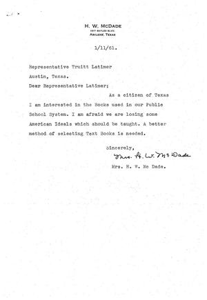 [Letter from Mrs. H. W. McDade to Truett Latimer, January 11, 1961]