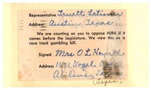 [Postcard from O. L. Nowell to Truett Latimer, February 24, 1961]