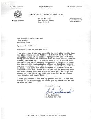 [Letter from C. A. Shoemaker to Truett Latimer, July 7, 1961]