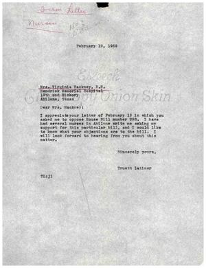 [Letter from Truett Latimer to Virginia Hackney, February 19, 1959]