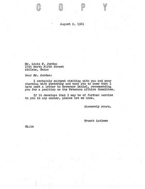 [Letter from Truett Latimer to Louis F. Jordan, August 2, 1961]