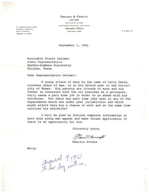 [Letter from Maurice Brooks to Truett Latimer, September 1, 1961]