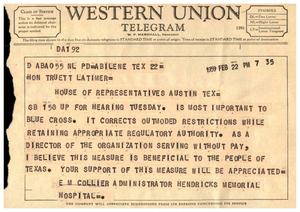 [Telegram from E. M. Collier to Truett Latimer, February 22, 1959]