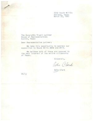 [Letter from Odie Clark to Truett Latimer, March 22, 1961]