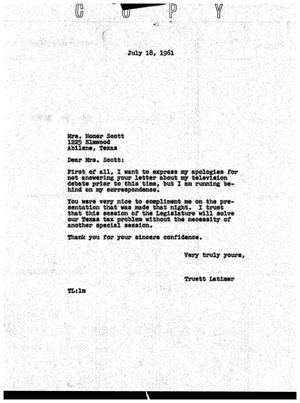 [Letter from Truett Latimer to Mrs. Homer Scott, July 18, 1961]