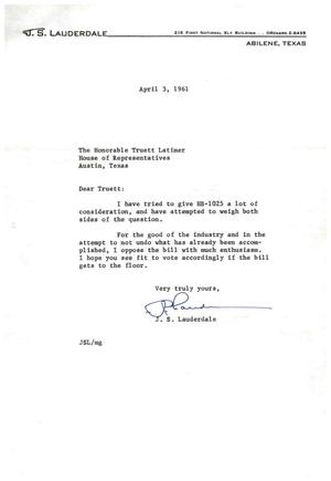 [Letter from James S. Lauderdale to Truett Latimer, April 3, 1961]