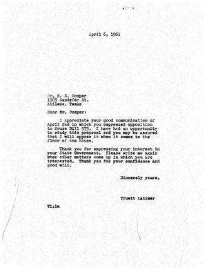 [Letter from Truett Latimer to H. E. Cosper, April 6, 1961]