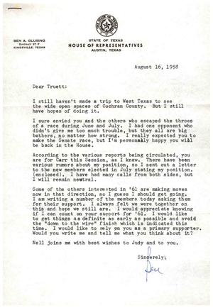 [Letter from Ben A. Glusing to Truett Latimer, August 16, 1958]