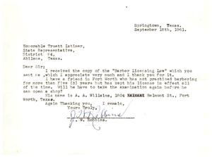 [Letter from J. W. Robbins to Truett Latimer, September 18, 1961]