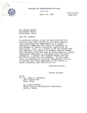 [Letter from Truett Latimer to Howard Lydick, April 27, 1961]