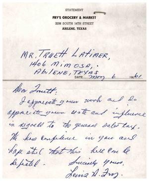 [Letter from Lewis W. Fry to Truett Latimer, May 6, 1961]