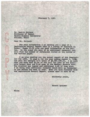 Primary view of object titled '[Letter from Truett Latimer to Dr. Dewitt Holland, February 7, 1961]'.
