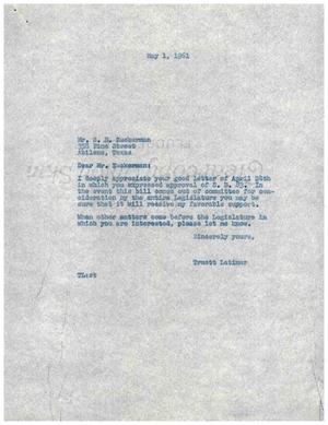 [Letter from Truett Latimer to S. B. Zuckerman, May 1, 1961]