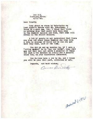 [Letter from Omar Burkett to Truett Latimer, June 11, 1961]