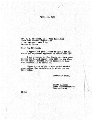 [Letter from Truett Latimer to E. B. Mitchell, Jr., April 11, 1961]