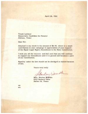[Letter from Mrs. Shirley Womble to Truett Latimer, April 26, 1962]