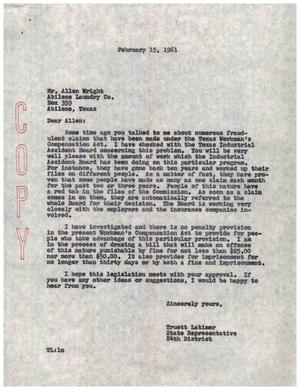 [Letter from Truett Latimer to Allen Wright, February 15, 1961]