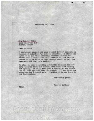 Primary view of object titled '[Letter from Truett Latimer to Harold Milam, February 18, 1959]'.
