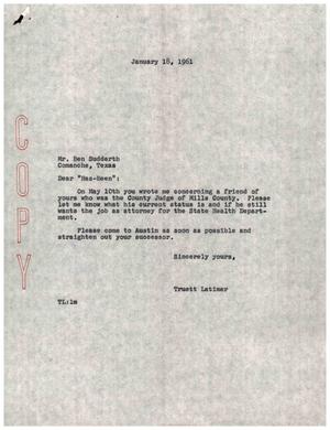 [Letter from Truett Latimer to Ben Sudderth, January 18, 1961]