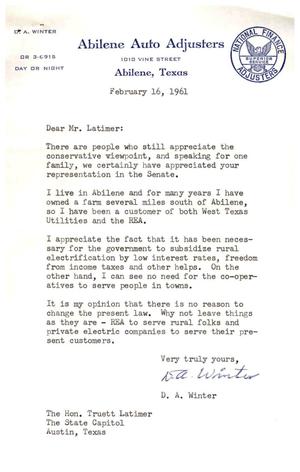 [Letter from D. A. Winter to Truett Latimer, February 16, 1961]