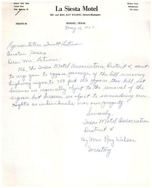 [Letter from Mrs. Ray Wilson to Truett Latimer, May 16, 1957]