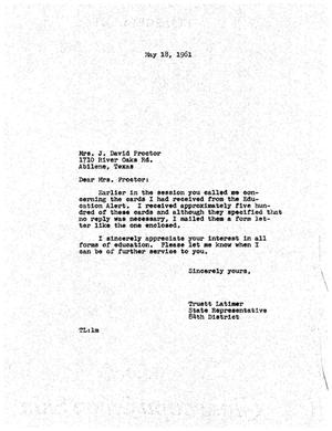 [Letter from Truett Latimer to Mrs. J. David Proctor, May 18, 1961]