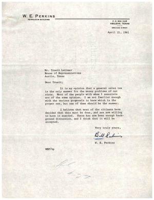 [Letter from W. E. Perkins to Truett Latimer, April 21, 1961]