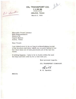 [Letter from B. R. Gamblin to Truett Latimer, March 5, 1959]