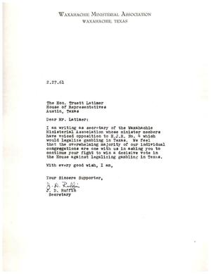 [Letter from J. D. Ruffin to Truett Latimer, February 27, 1961]
