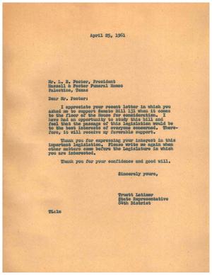 [Letter from Truett Latimer to L. E. Foster, April 25, 1961]