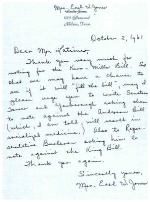 [Letter from Mrs. Earl W. Jones to Truett Latimer, October 2, 1961]