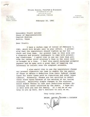 [Letter from Tom K. Eplen, J. Neil Daniel, David L. Hooper, and Robert L. Dickson to Truett Latimer, February 10, 1961]