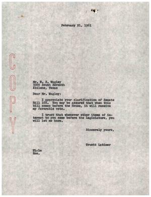 [Letter from Truett Latimer to W. S. Wagley, Februaru 21, 1961]