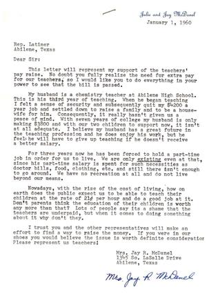 [Letter from Mrs. Jay R. McDaniel to Truett Latimer, January 1, 1960]
