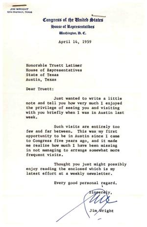 [Letter from Jim Wright to Truett Latimer, April 14, 1959]