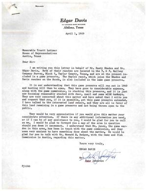 [Letter from Pete Johnston to Truett Latimer, April 1, 1959]