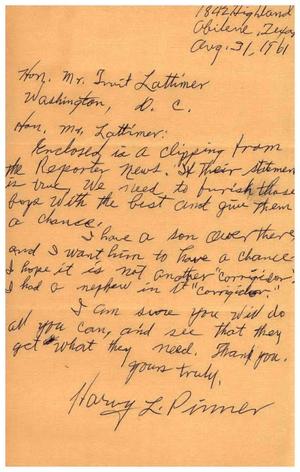 [Letter from Harry L. Pinner to Truett Latimer, August 31, 1961]